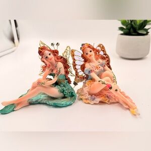 Whimsical Fairy Figurine Duo - Green and Orange